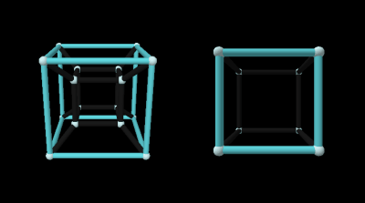 Highlighting outer cube, connecting cube, then inner cube in 4D and 3D