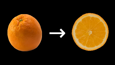 Whole orange, arrow pointing to the right, then a slice of an orange